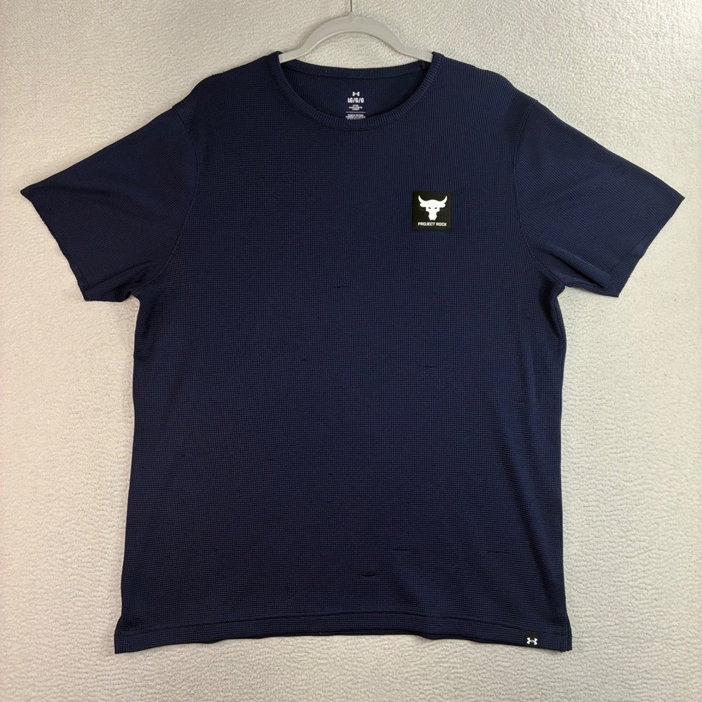 Under Armour Project Rock T Shirt Men L Blue Fitted Waffle Knit Gym Training
